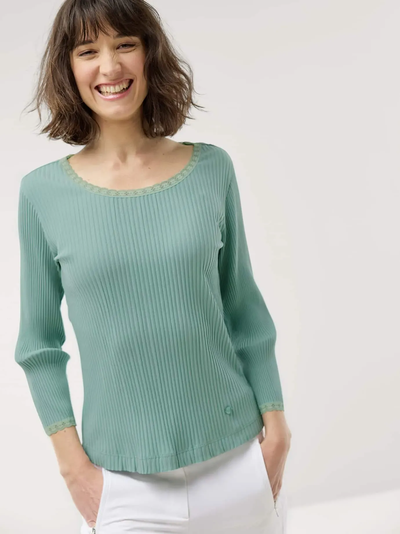 Walbusch Damen Rippshirt Spitzendetail Grün