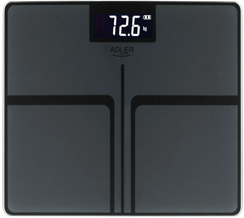 Adler AD 8194S Personenwaage Digital bis 180 kg, USB-C Akku Waage mit LCD Display, 100 g Genauigkeit, Glaswaage für Bad & Körpergewicht, dunkel Grau gestreift