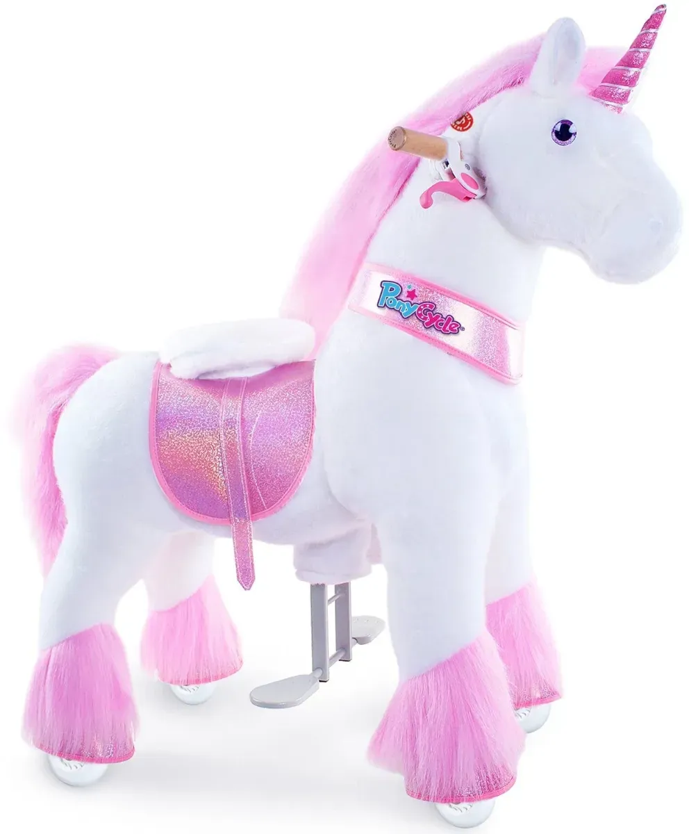 PonyCycle Einhorn Medium Aufsitzspielzeug rosa Plüsch - Für Kinder 4-8 Jahre, realistische Bewegung, Indoor & Outdoor geeignet