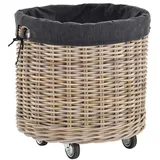 Großer Rollkorb mit Griffen/Holzkorb mit Rollen aus grauem Natur Rattan/Aufbewahrung Holz-Wagen Räder Kaminholz-Korb Kamin Allzweck-Korb mit Inlett (Rund Klein)