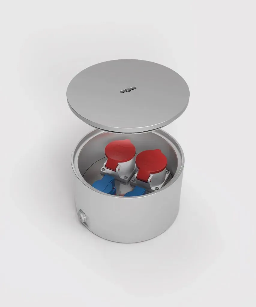 BS 7022A-1-3 CEE-Bodentank, 4-fach, rund, verschließbar, Deckel aus Aluminium, IP67, 1x CEE 5/16A, 1x CEE 5/32A, 2x Schutzkontakt-Steckdose, inkl. Kabelverschraubungen