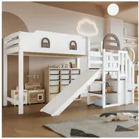 Odikalo Hochbett 90x200 Kinderbett mit Rutsche und Stauraum (Etagenbett, Kinderbett Mit Fenster, Mit Kinderrutsche, Treppen mit Handlauf, Mit 2 Schließfächer in der Treppe, Vielseitiges Design, Reichlich Stauraum, Kiefer+MDF, Weiß+Braun, 90x200cm)
