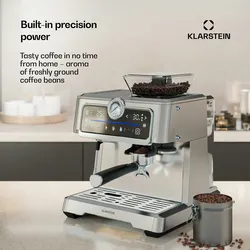 Klarstein GrandPresso Espressomaschine | Präzisionsmahlwerk | Dampfdüse | Siebträger | Druckanzeige | 20 bar Edelstahl