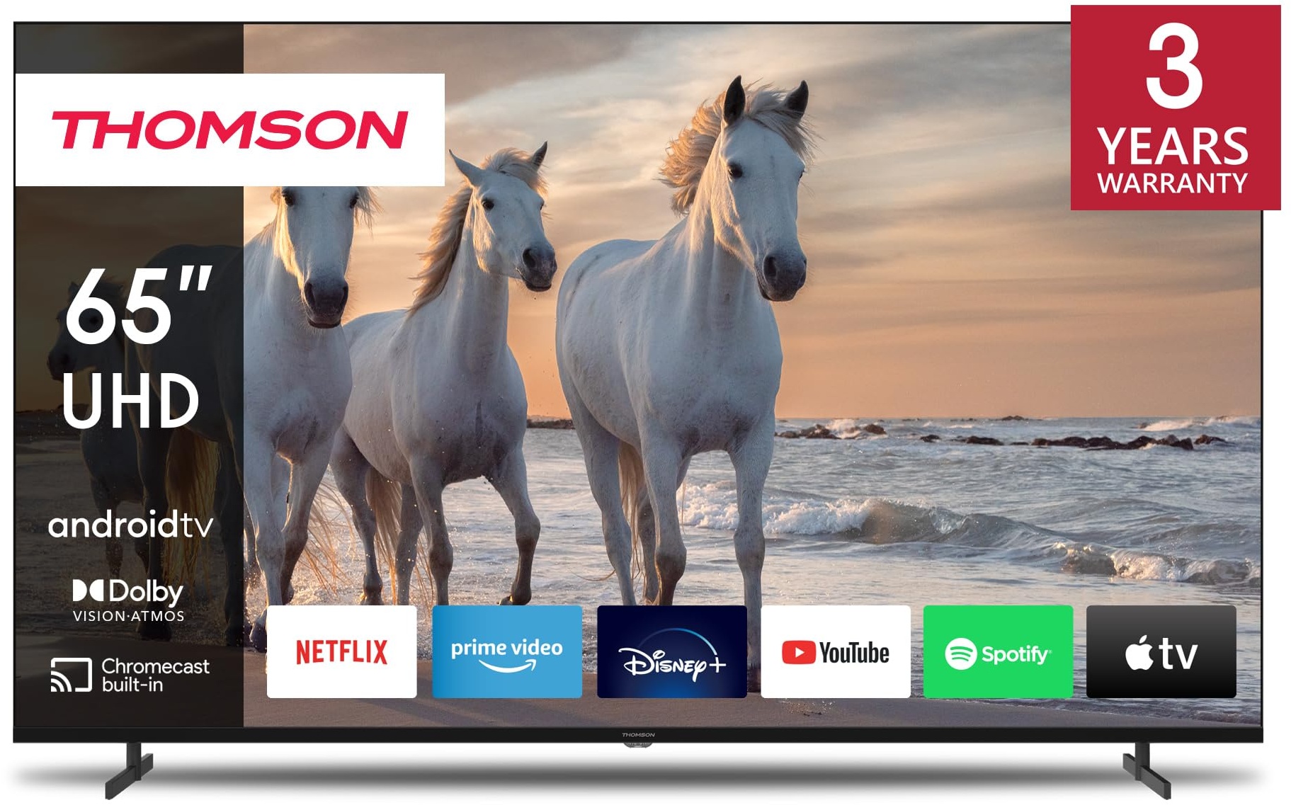 Thomson 65 Zoll (164 cm) UHD Fernseher Smart Android TV (WLAN, HDR, Triple Tuner DVB-C/S2/T2, Sprachsteuerung, Netflix, YouTube, Prime Video, Disney+) – 65UA5S13-2023