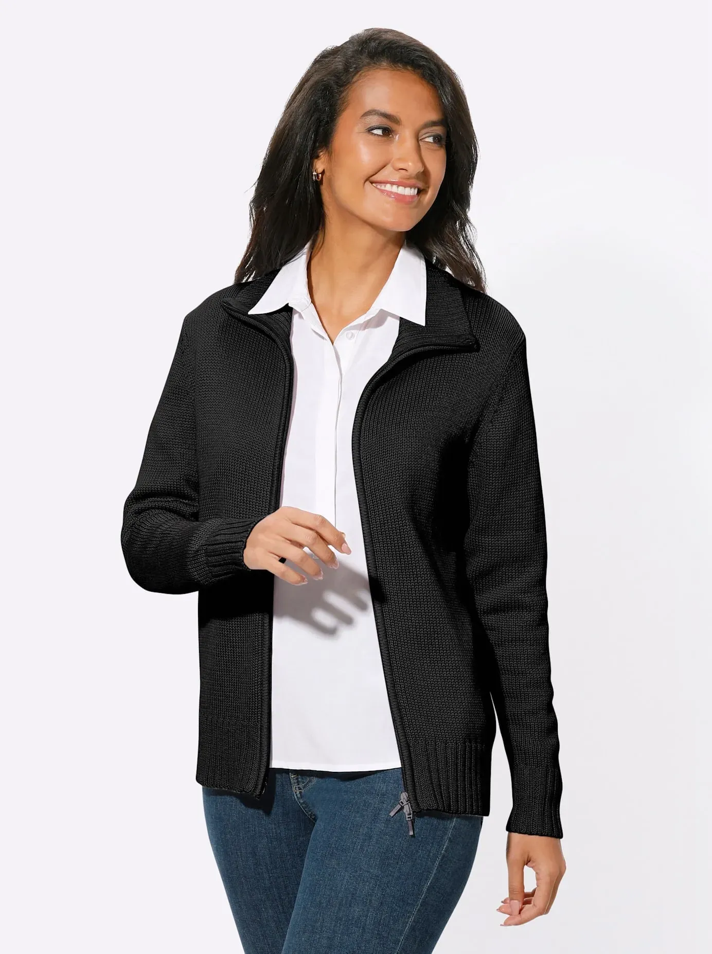 Strickjacke CASUAL LOOKS, Damen, Gr. 36, schwarz, 50% Baumwolle, 50% Polyacryl, unifarben, figurumspielend, Strickjacken Strickjacke