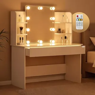 CASARIA Schminktisch Lucia Weiß 140x110x40cm mit LED Beleuchtung Fernbedienung Schublade Beleuchtet Organizer Frisiertisch Ablagen 110x40cm Kosmetiktisch Holz