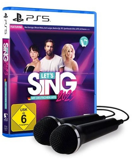Plaion Let's Sing 2023 German Version PS5 Spiel mit 2 Mics - Musikspiel für Kids ab 6 - Let's Party-Modus mit 30 Songs - Online-Duelle - Inhalt: Spiel + 2 Mikrofone