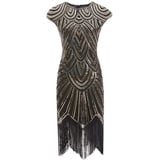 shoperama 20er Jahre Charleston Kleid Pailletten Fransen Flapper Gatsby 20's Fransenkleid Damen-Kostüm, Größe:XXL, Farbe:Schwarz/Gold