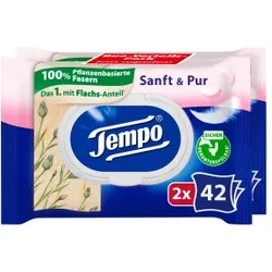 Tempo sanft & pur feuchte Toilettentücher, Feuchttücher mit der parfümfreien, ultrasanften Formulierung, 1 Doppel-Packung = 2 x 42 Tücher, mit Verschluss