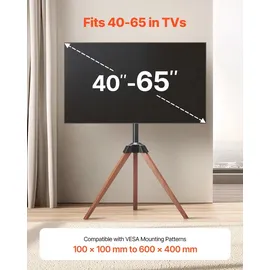 Vevor TV-Ständer mit Stativ-Staffelei für 1016-1651 mm flach & Curved-TVs bis zu 45 kg, 18° Links-Rechts-Drehung, tragbarer Fernsehständer mit Beinen aus Holz für Schlafzimmer Wohnzimmer Studio
