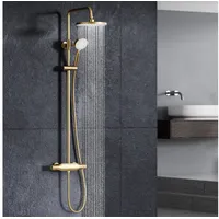 Qrezaa Duschsystem mit Armatur Gebürstetes Gold Duschset Regendusche Wandmontage