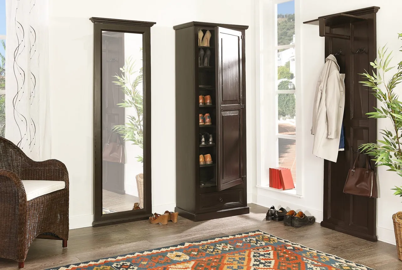 Großer Mexico Kolonialstil Schuhschrank, Pinie massiv schwarz-braun