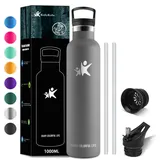 KollyKolla Thermosflasche 1L, Thermoskanne BPA-frei, mit Strohhalm, Kohlensaeure Geeignet, Trinkflasche 1L Edelstahl, Isolierflasche Auslaufsicher, Wasserflasche für Fitness, Schule, Outdoor, Sport