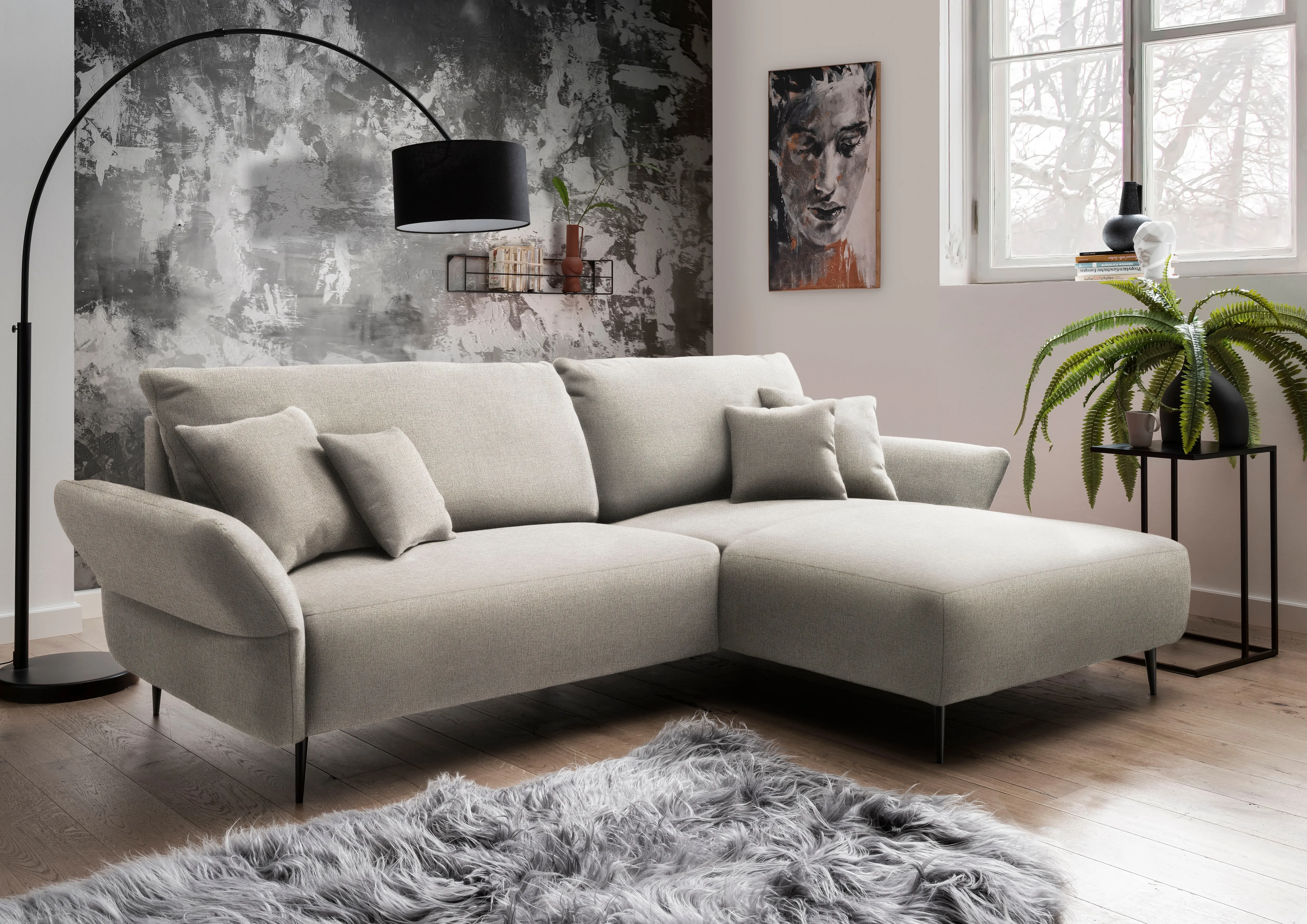 Ecksofa INOSIGN "Amarena L-Form" Sofas Gr. B/H/T: 286cm x 96cm x 178cm, Struktur fein, Recamiere rechts, Zierkissenfarbe 40 x 40cm: taupe-Zierkissenfarbe 45 x 45cm: taupe, grau (taupe) inklusive Armlehnenverstellfunktion, 4x Zierkissen gratis