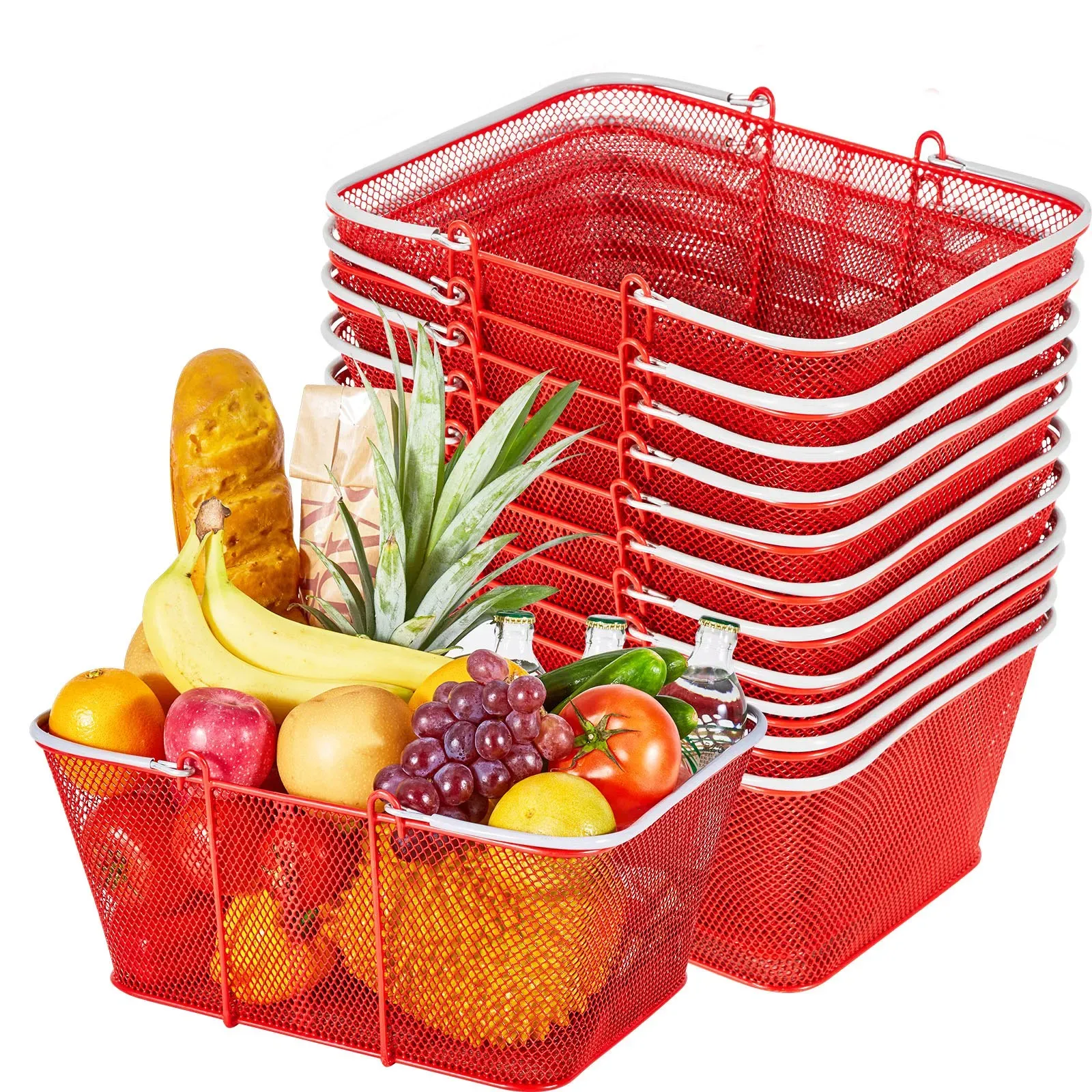 VEVOR Einkaufskorb, 12 Stk., 22 L, stapelbarer Metallkorb mit Griffen, Tragekorb, belastbar bis zu 20 kg, Universalkorb für Lebensmittel, Einzelhandel, Geschäfte, Supermärkte, Buchhandlungen, rot