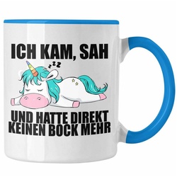 Trendation Tasse Trendation – Einhorn Tasse mit Spruch Geschenk Arbeitskollege Kollegin Kaffeetasse Büro blau