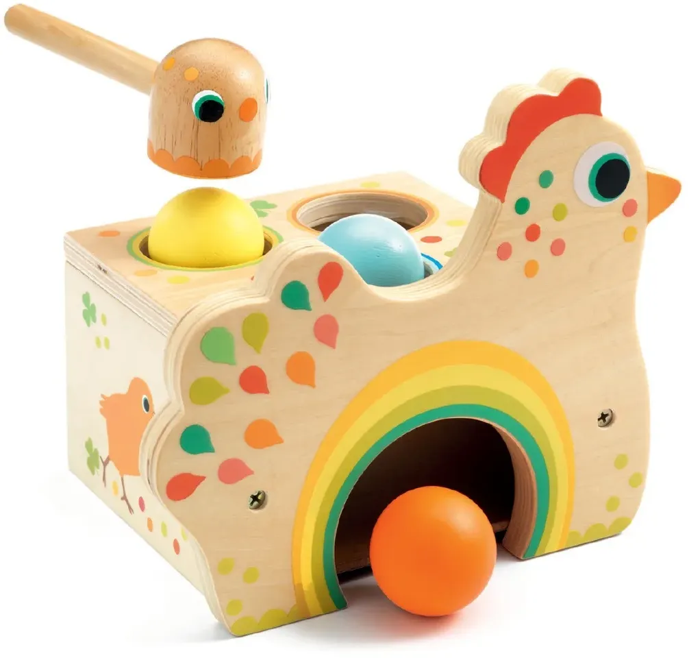 Djeco Hammerhuhn Tapatou Klopfbank aus Holz 21,7x18,8x16 cm bunt - Fördert Hand-Augen-Koordination, 18-36 Monate