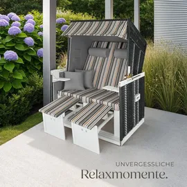 Tectake tectake® Strandkorb, gepolstert mit ausziehbaren Fußbänkchen, klappbare Seitentische und weitere Extras, 115 x 158 x 78 cm