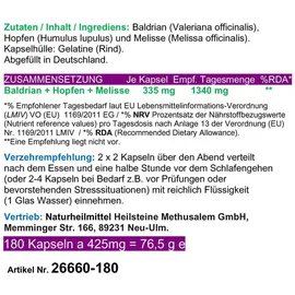 Vitalleben GUTE NACHT Baldrian Hopfen Melisse Kapseln 180 St.