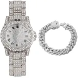 Halukakah Diamanten Gold Uhr Iced Out,Herren Platin Weißgold Plattiert 39MM Breites Rundes Zifferblatt Quarz 22,5cm,mit Cuban Gliederkette 20cm Armband Set,Kommt mit Geschenkbox