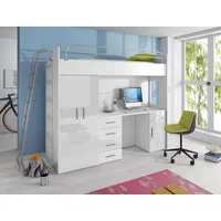 Compleo Jugendbett Hochbett mit einer Leiter, Kleiderschrank und Schreibtisch MOES, Kinderzimmmer, Jugendzimmer weiß