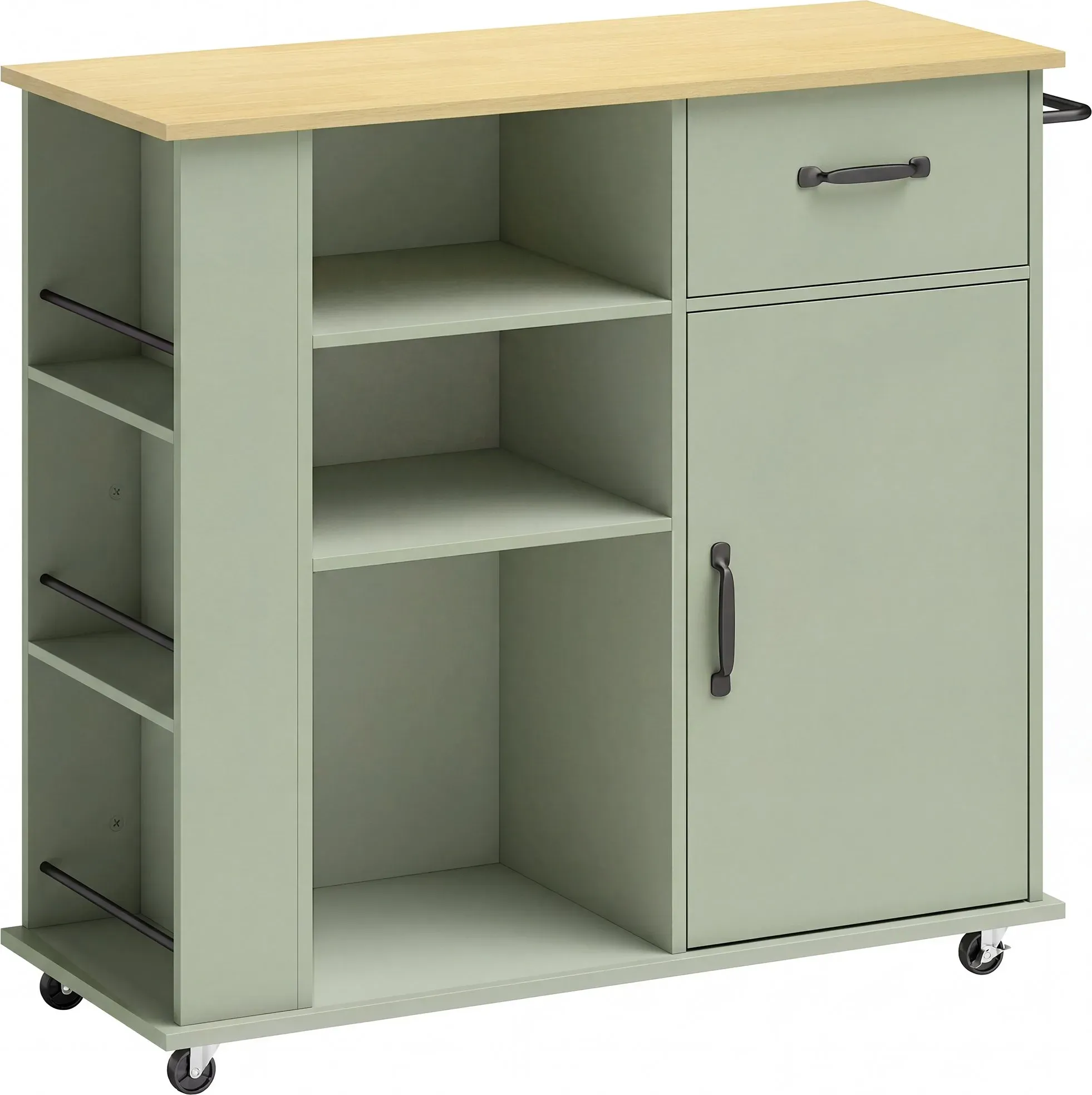 HOMCOM Küchenwagen auf Rollen, Kücheninsel mit Schublade, Tür, offenen Fächern, verstellbarem Regal und Gewürzhalter, Aufbewahrungswagen für Esszimmer, 96,5x38x87cm, grün   Aosom