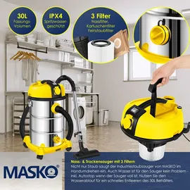 Masko MASKO® Industriestaubsauger Staubsauger Nass Trocken Sauger Edelstahl 2300W + Steckdose Blasfunktion Trocken-Saugen & Nass-Saugen Push&Clean Industrie-Sauger mit | ohne Beutel beutellos