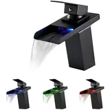 KEOKBON LED Schwarz Wasserfall Wasserhahn, RGB 3 Farbewechsel Waschtischarmatur Einhebelmischer aus Rostfreier Stahl 304 Waschbeckenarmatur für Badezimmer, 2 Schlauches(G3/8" x 50cm )