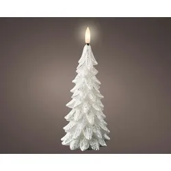 Lumineo LED Kerze mit Timer 8x19cm Wachs in Tannenbaum Form - Echtwachskerze flackernde Flamme Adventskerze batteriebetrieben Weihnachtskerze Silber Warmweiß