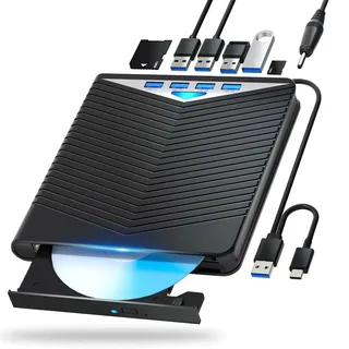 Externes CD-Laufwerk, externes DVD-Laufwerk, DVD-Laufwerk, optisches Laufwerk, USB 3.0 und Typ-C Portable CD/DVD/ROM Recorder, passend für Laptop/Desktop/Windows 10/8/7(Stabil, High-Speed, Silent)