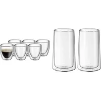 WMF Kult doppelwandige Espressotassen Glas Set 6-teilig, doppelwandige Gläser 80ml, Schwebeeffekt, Thermogläser & TeaTime doppelwandige Latte Macchiato Gläser Set 2-teilig, doppelwandige Gläser 270ml