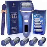Essy Hornhautentferner Elektrisch Wiederaufladbar mit 5 Ersatzrollen für seidig weiche Füße, Akku Fußpflege Set Damen Herren mit Druckschutz, 2 Geschwindigkeiten, LED-Display, Pediküre Set, (Blau)
