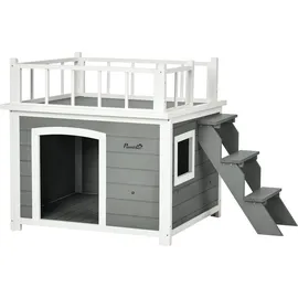 PawHut Hundehütte mit Balkon Treppe Fenster 121 x 77 x 78 cm Holz Hellgrau