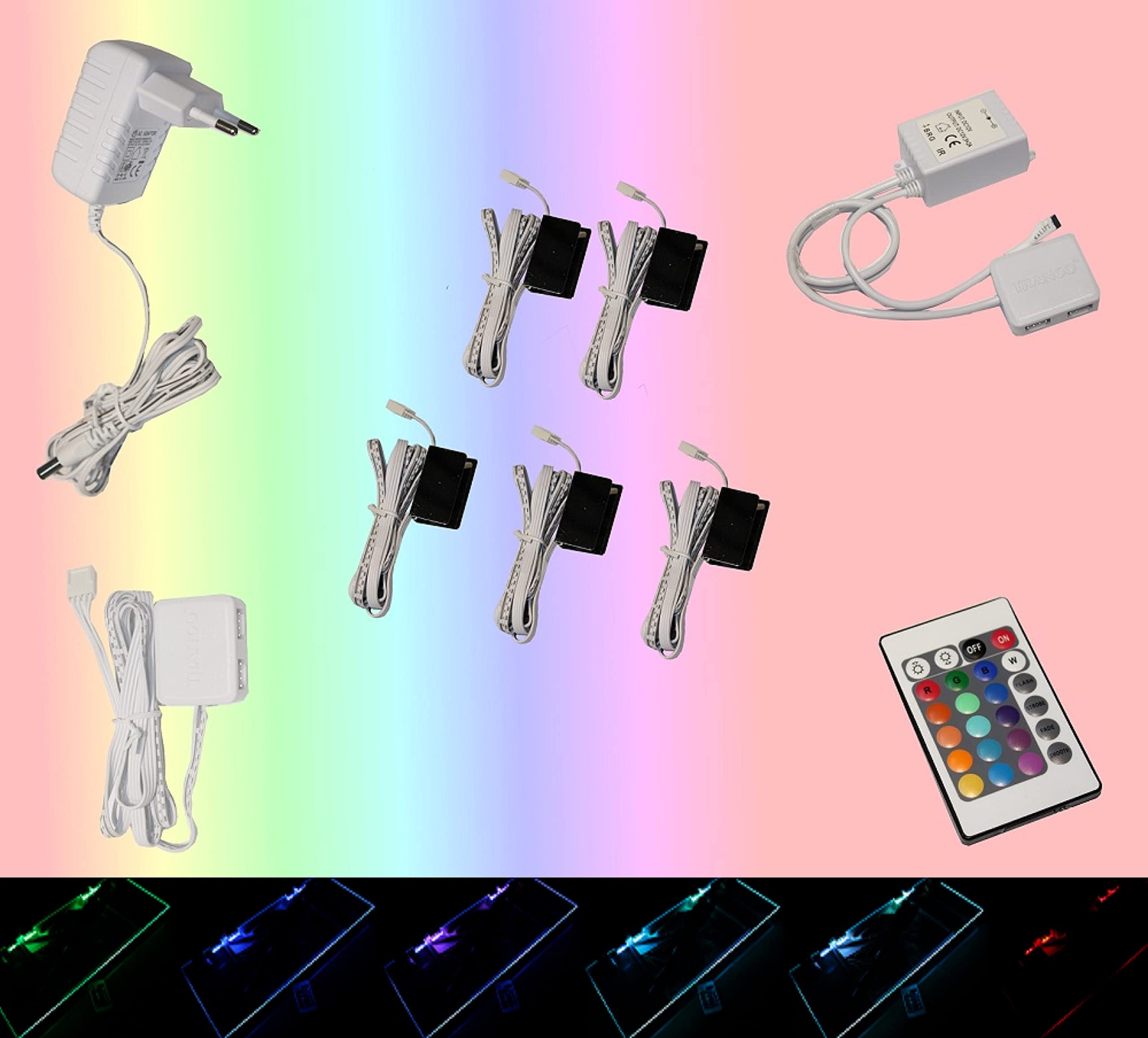 Trango 5er Set RGB Farbwechsel LED Glaskantenbeleuchtung 5022-05 inkl. Fernbedienung Schrankbeleuchtung I Glasbodenbeleuchtung I Vitrinenbeleuchtung I LED Clips I Möbelbeleuchtung