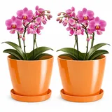 PECZEKO Blumentopf glänzender, Pflanzkübel aus Übertopf Kunststoff Dekorativer Topf für, groß und klein Pflanzen, 2er-Set blumenkübel mit Untersetzer, blumenkübel kräutertopf, Orange, ø 14 cm