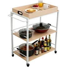 Relaxdays Servierwagen mit abnehmbarem Tablett, Weiß,Hellbraun