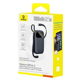Baseus Externer Akku 10000 mAh Baseus EnerFill FC3, 22,5 W, USB-C, Lightning, USB-A, integrierte Kabel, LED-Display, Schwarz - Schwarz