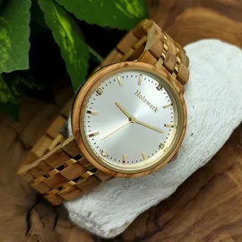 Holzwerk Germany Holzwerk LEBUS edle Strass Damen Holz Armband Uhr in beige braun, gold & silber
