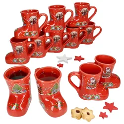 12x Glühweinstiefel rot Weihnachts-Motiv 200ml geeicht Keramik Glühwein-Becher