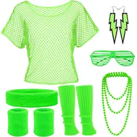 YADODO 90er 80er Jahre Outfit Damen Mottoparty Netzoberteil mit Accessoires Neon Party Outfit Kostüm 80er Jahre Damen Aerobic Outfit 80er Jahre kleidung Typisch Off Shoulder Netzshirt Frauen Grün