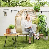 Rattansessel Ei-förmig Mit Abnehmbarem Kissen, Polster, Übergroße Outdoor Sessel Aus Rattan, Wetterfest Korbsessel Gartensessel Gartenstühle Für Garten Balkon, Veranda, Terrasse Beige