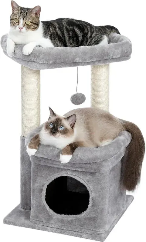 PAWZ Road Kratzbaum, 42 cm, mehrstöckiger Kratzturm mit Sisal-Kratzsäule, gemütliches Katzenheim und großer Katzenliegeplattform für Hauskatzen, grau