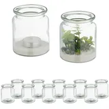 Relaxdays Windlicht, 12er Set, aus Glas, innen - außen, HxD: 9,5 x 8 cm, runde Teelichthalter, Hochzeit, transparent