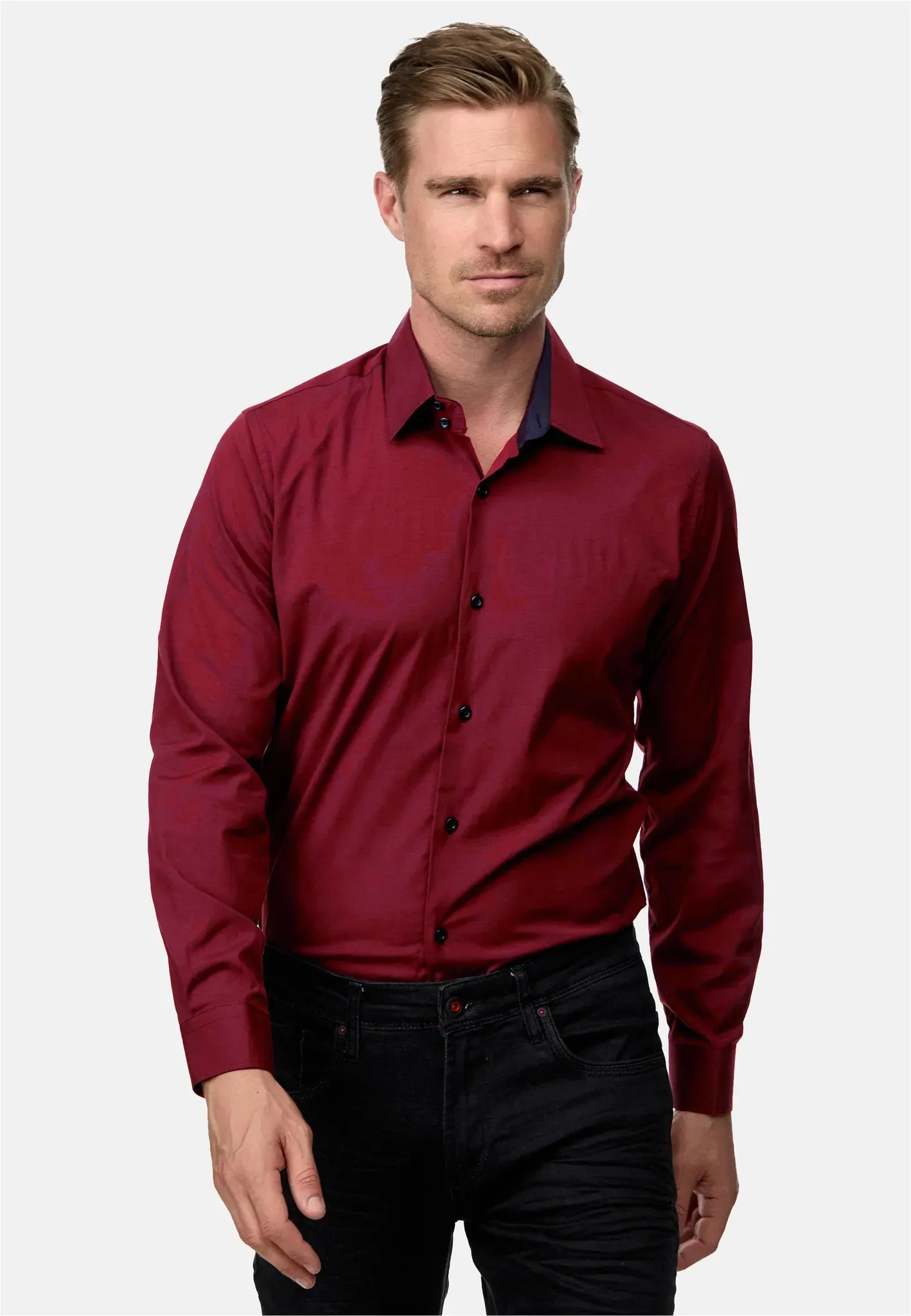Langarmhemd RUSTY NEAL, Herren, Gr. L, EURO-Größen, rot (bordeaux), 60% Baumwolle, 37% Polyester, 3% Elasthan, unifarben, Hemden, mit trendigem Farbkontrast