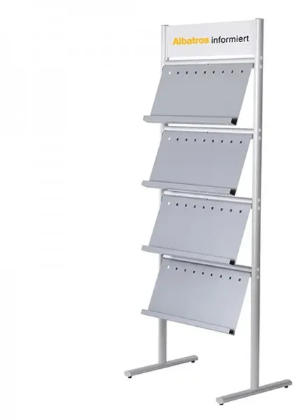 Prospektständer ELLIPSE einseitig mit Topschild aus Forex und 4 Ablagen für 3 x DIN A4