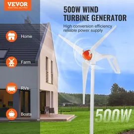 Vevor 500 W Windkraftanlage, 12 V Windgenerator, 3-Blatt-Windkraftgenerator mit Anemometer, MPPT-Regler und einstellbarer Windrichtung, geeignet für Zuhause, Bauernhof, Wohnmobile, Boote