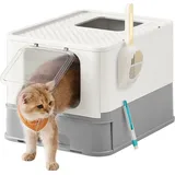 Songmics FEANDREA Katzenklo, mit Deckel, für Katzen bis 15kg, wolkenweiß-taubengrau