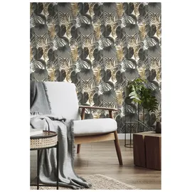 Rasch Textil Vliestapete tropische Blätter 10,05 x 0,53 m gold/grau/schwarz 462050
