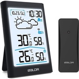 BALDR Wetterstation Funk mit Außensensor, Digital DCF-Funkuhr Außen Innen Thermometer Hygrometer Raumthermometer Funk mit Wettervorhersage