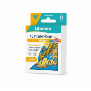 Lifemed® Pflaster-Strips Box, 5,6 cm x 1,9 cm, Wiederverwendbare Zinkbox, 1 Box = 40 Stück, 3 Kids-Like Ninjas Motiven